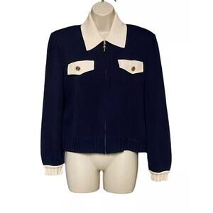 St. John Size Small Marie Navy Blue Ivory Zipper Knitted Sweater Cardigan